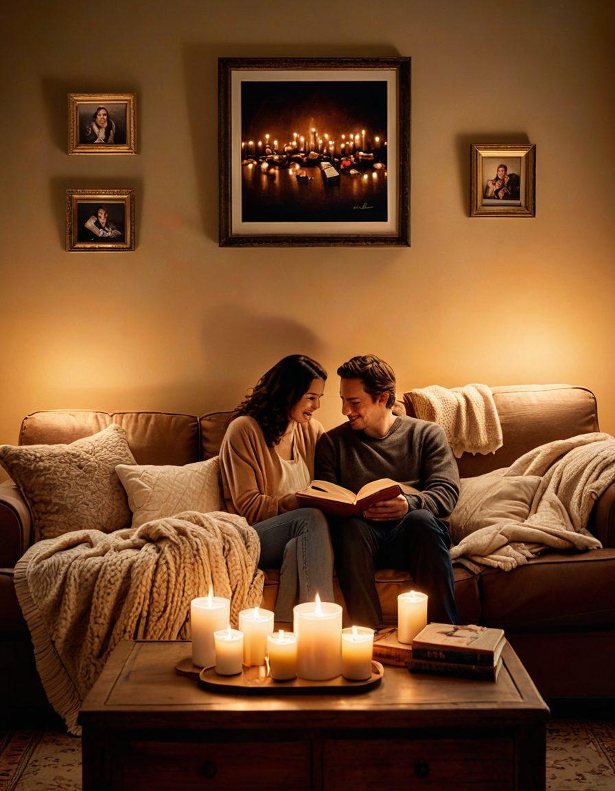 A cozy, intimate setting featuring a couple sitting together on a couch, surrounded by soft, warm lighting. In the background, there's a wall adorned with framed memories and love letters, creating a nostalgic atmosphere. The couple shares a heartfelt moment, gazing into each other's eyes while holding hands, with an open book of love stories on the coffee table. Enhance the scene with cozy blankets and candles for warmth. super-realistic. warm colors. soft focus.
